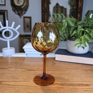 Vintage Amber Optic Glass Goblet Wavy Rim Long Stem MCM Art Glass 8"